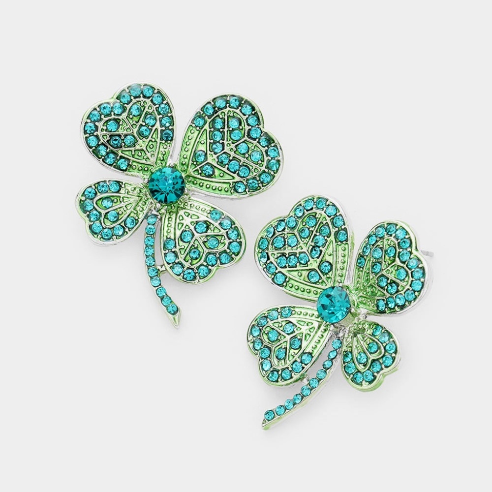 Shamrock Rhinestone Earrings Green Silver Tone Setting